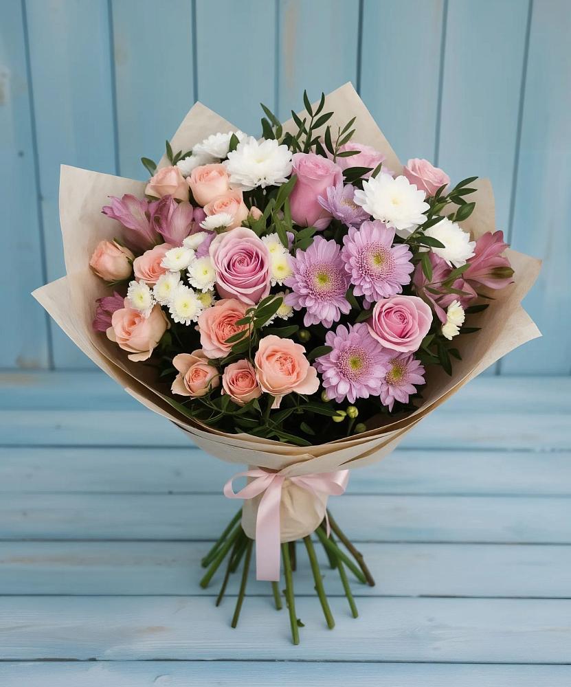 Букет цветов из: Хризантемы, Розы и Альстромерии в Новотитаровской