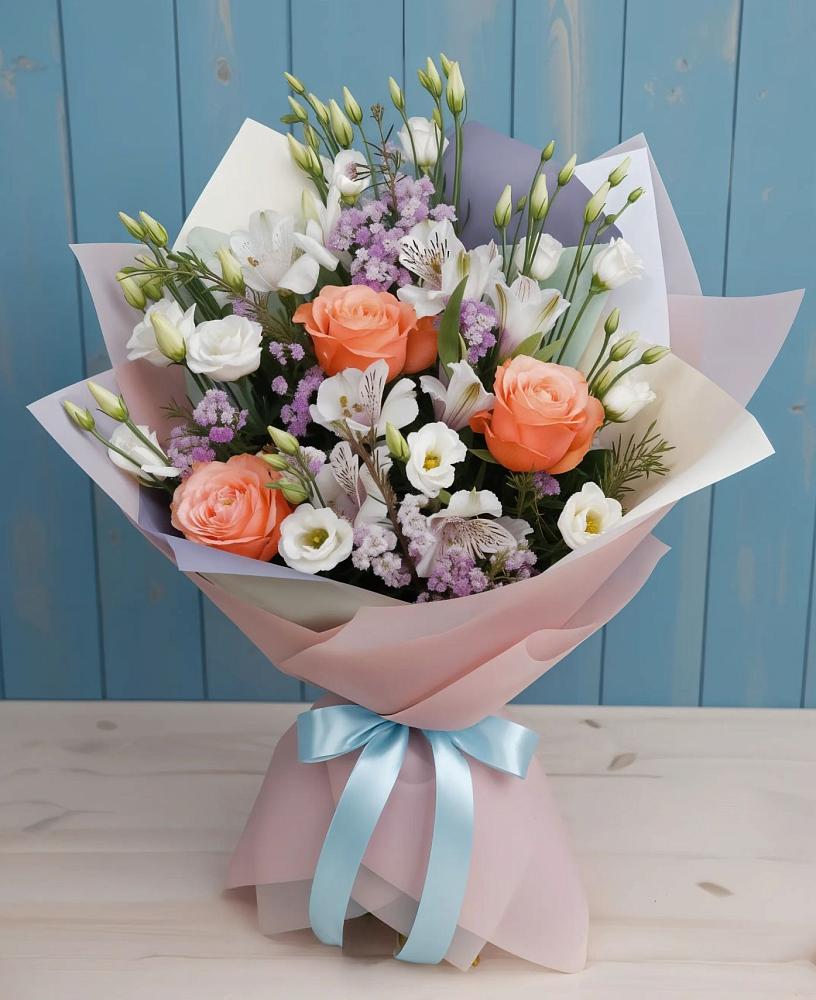 Букет цветов из: Лизиантусы, Розы, Альстромерии и Гипсофила в Новотитаровской