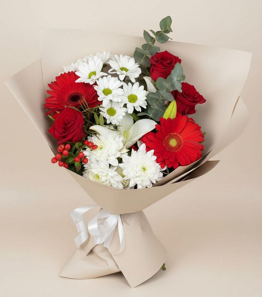 Букет цветов из: Розы, Хризантемы, Герберы и Лилии в Новотитаровской