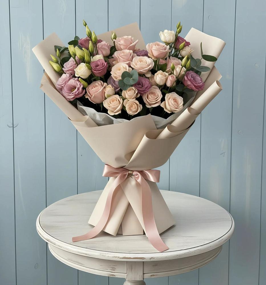 Букет цветов из: Розы и Лизиантусы в Новотитаровской