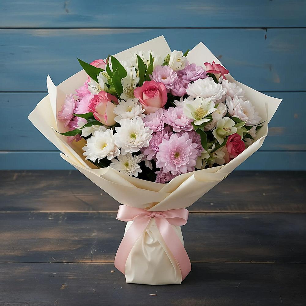 Букет цветов из: Хризантемы, Альстромерии и Розы в Новотитаровской